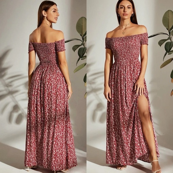 Dresses & Skirts - Boho floral print off the shoulder shirred double slit maxi dress burgundy red